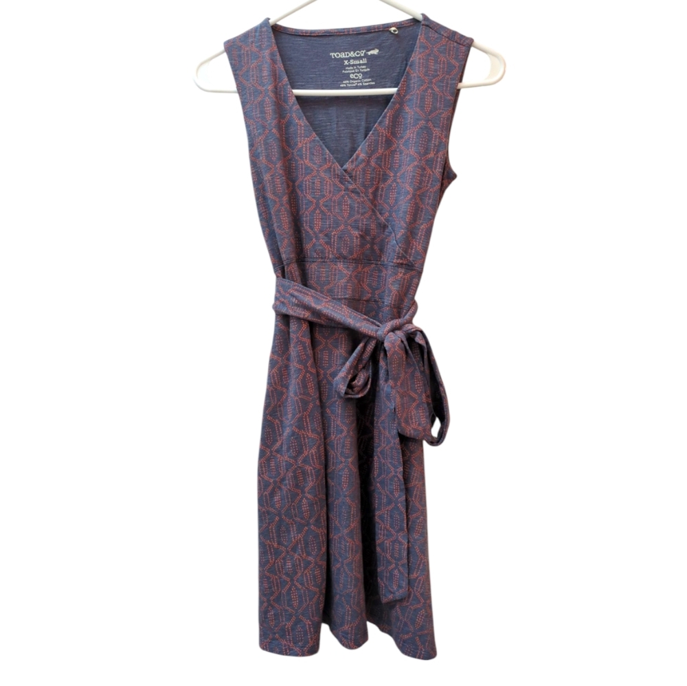 Toad & Co Wrap Tie Waist Dress XS, Pockets, Sleeveless Midi Organic Cue Sundress - Picture 2 of 9